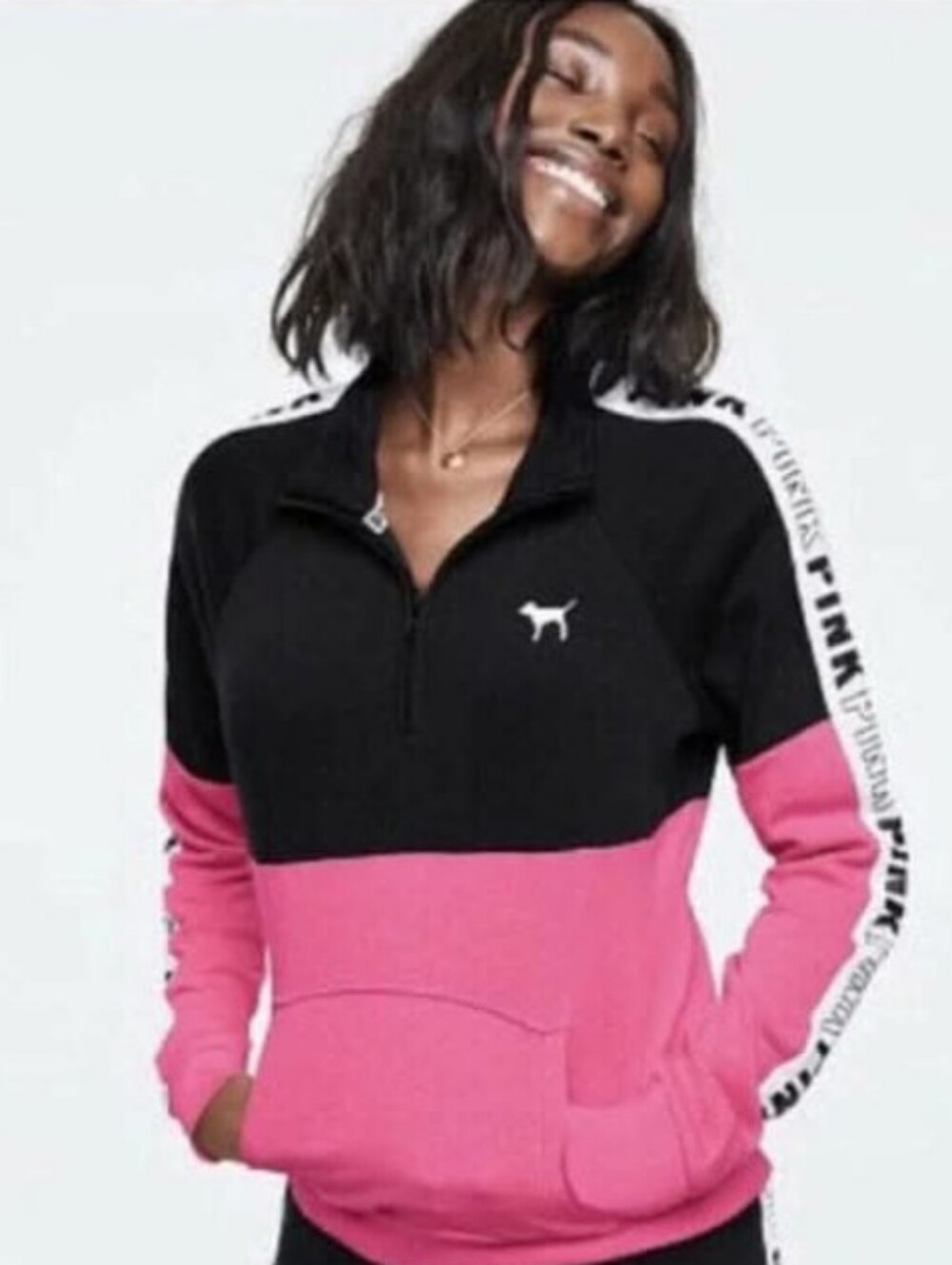 PINK Victoria's Secret Black & Pink Half-Zip Colorblock Pullover